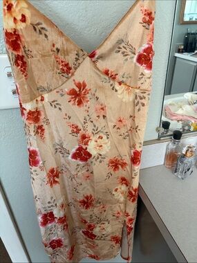 Beige Floral Midi Slip Dress with Red & Cream Blooms